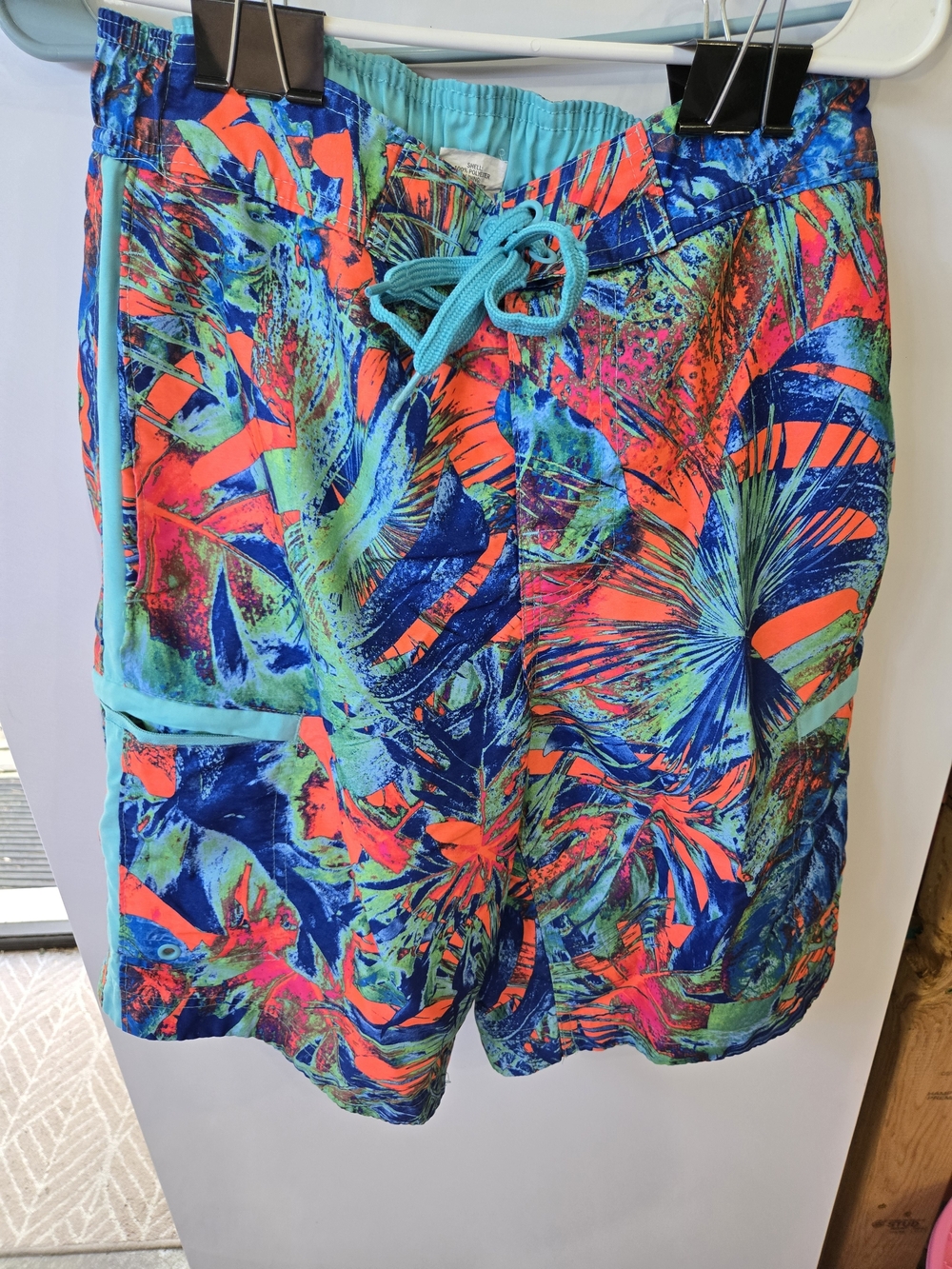 Men's Tropical Print Swim Trunks - Blue & Neon Coral